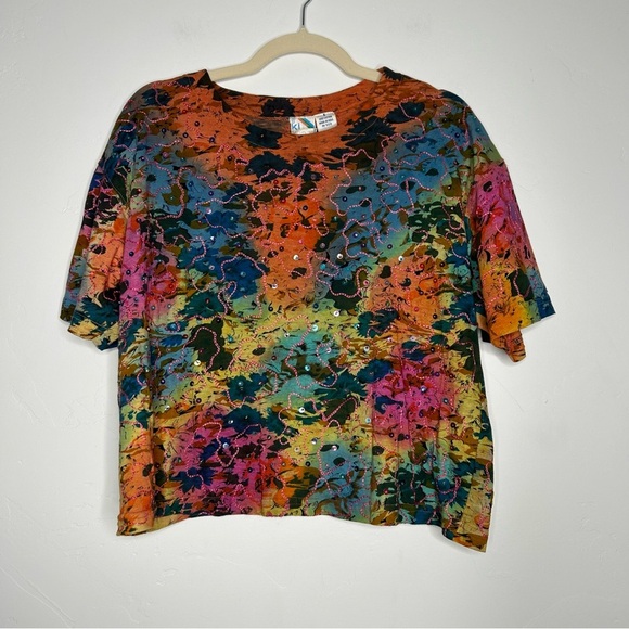 Vintage Tops - Vintage Ki Ko Mo Floral Tie Dye Sequin Embroidered Tee Shirt Size Medium Cotton